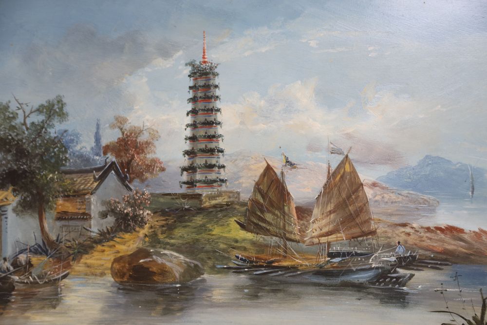Chinese School c.1900, pair of oils on card, Coastal landscapes, 32 x 51cm, unframed